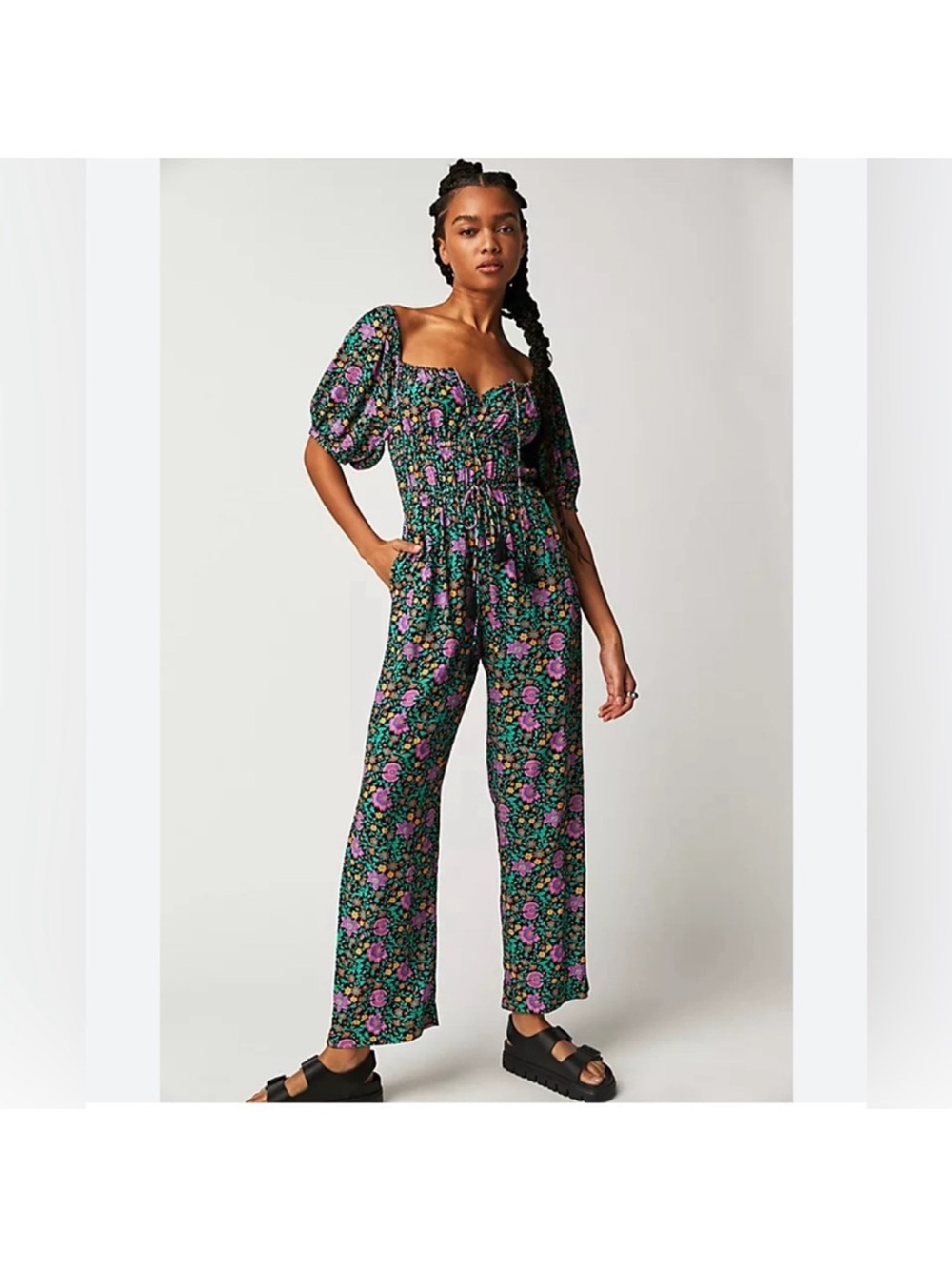 Spell Off-Shoulder Floral Jumpsuit in Green and Purple - Picture 1 of 4